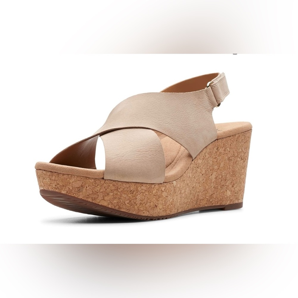 Clarks Sand Nubuck Leather Crisscross Wedge Sandal - Picture 3 of 12